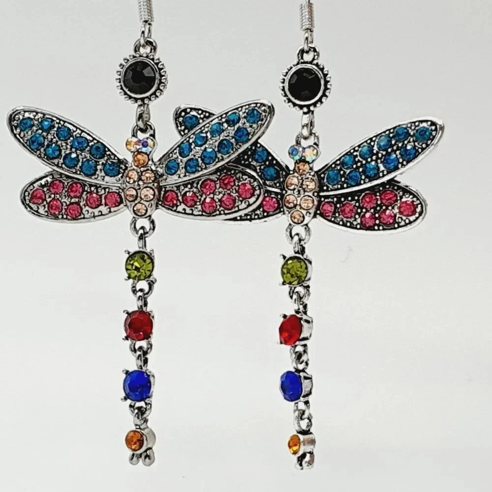 Multi Color Dragonfly Crystal Rhinestone Silver Plated Hook Earrings, V…